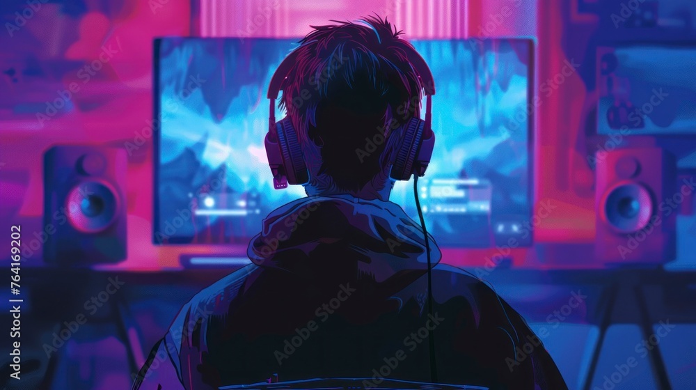 Illustration of a young man playing in front of your PC and with headphones in high resolution and high quality. video game concept, games Illustration of a young man playing in front of your PC and with headphones in high resolution and high quality. video game concept, games