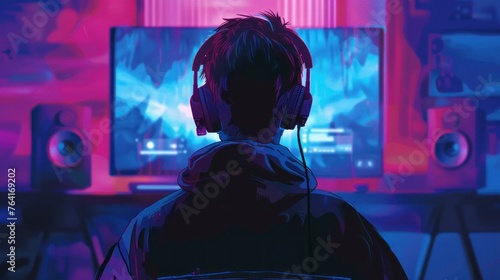 Illustration of a young man playing in front of your PC and with headphones in high resolution and high quality. video game concept, games