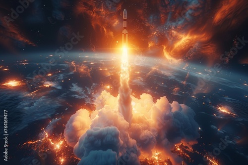 A dramatic and powerful depiction of a space rocket launching through clouds, engulfed in flames and smoke