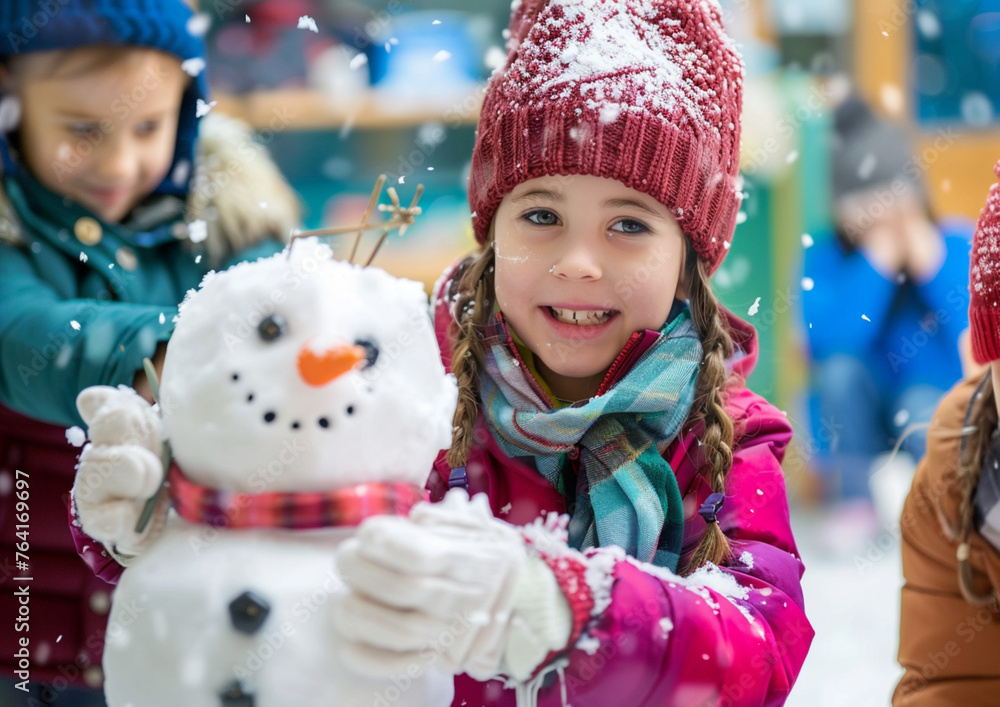 Preschool girl making snowman with friends. Preschool girl making snowman with friends.