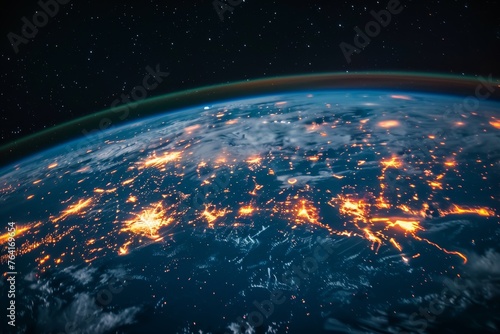 This captivating space view shows Earth at night, illuminated by city lights, detailing the vibrant glow of human activity