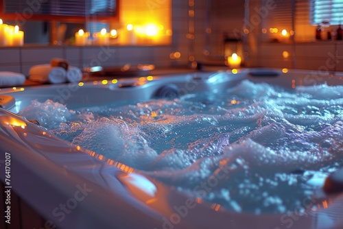 Warm picture of a home jacuzzi with bubbles and towels suggesting luxury and relaxation in a home setting