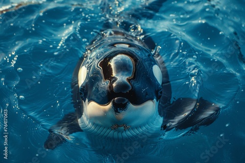 Close up of a killer whale with its distinguishing black and white pattern, as it emerges from the sea photo