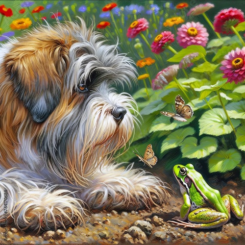 A shaggy dog lying down in the dirt with a contemplative expression while observing a frog in front of it amidst a backdrop of flowers and butterflies