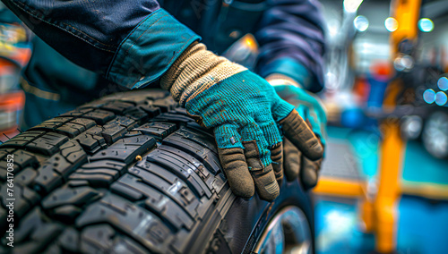Automotive tire change, close-up of hands working on car maintenance in a workshop