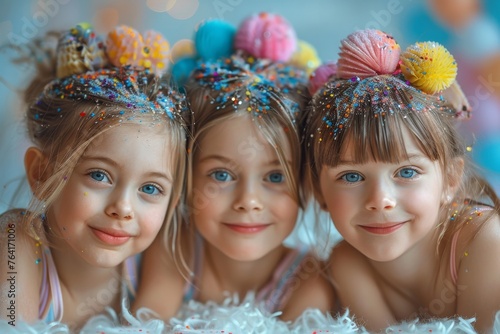 Three identical girls with sparkling decorations on their heads smile in a festive setting