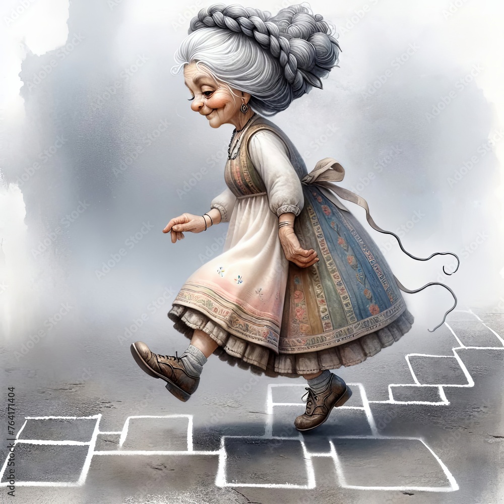A cheerful elderly lady with a playful smile is skipping over a hopscotch grid drawn on a hazy surface. She is dressed in a vintage, folk-style dress with a detailed apron A cheerful elderly lady with a playful smile is skipping over a hopscotch grid drawn on a hazy surface. She is dressed in a vintage, folk-style dress with a detailed apron