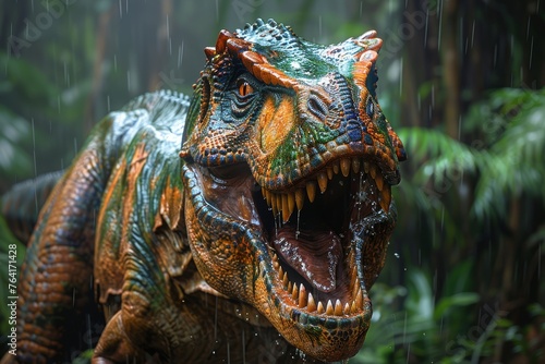This intense image features a rain-drenched dinosaur caught in a fierce roar, emphasizing drama and power © svastix