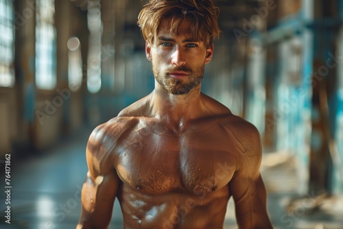 Muscular man with an intense gaze posing in a gritty, industrial environment