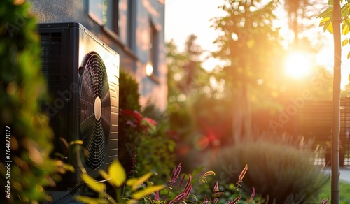 Wärmepumpe im Garten eines Einfamilienhauses, atmosphärische Abendsonne photo