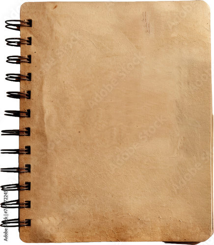 Vintage spiral notebook with aged paper texture, cut out transparent