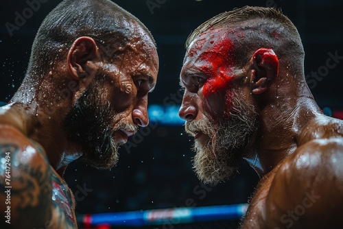 Two boxers, faces tense and bloodied, engage in a close face-off in the intensity of post-fight adrenaline © svastix