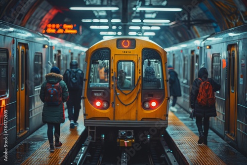 Commuters waiting as an orange line subway train pulls into a busy underground station