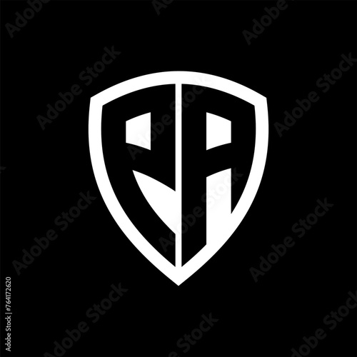 PA monogram logo with bold letters shield shape with black and white color design