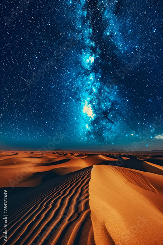 Vast desert under a starfilled sky sand dunes glowing in moonlight
