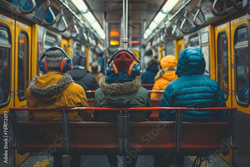 Various individuals are captured in a candid moment during their commute on a public train, bringing life to everyday travel