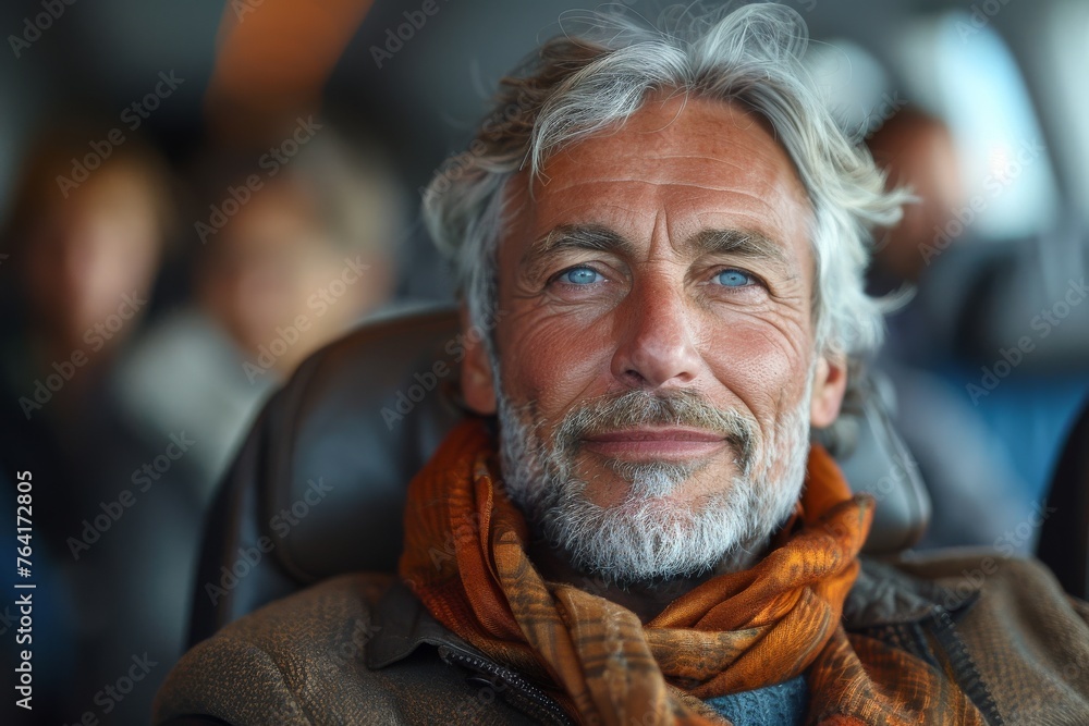 A charming mature man smiles warmly while seated in an airplane cabin A charming mature man smiles warmly while seated in an airplane cabin