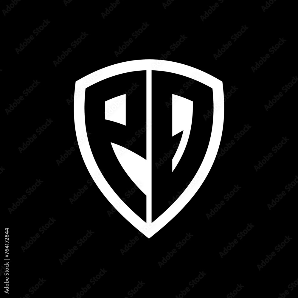 PQ monogram logo with bold letters shield shape with black and white color design PQ monogram logo with bold letters shield shape with black and white color design