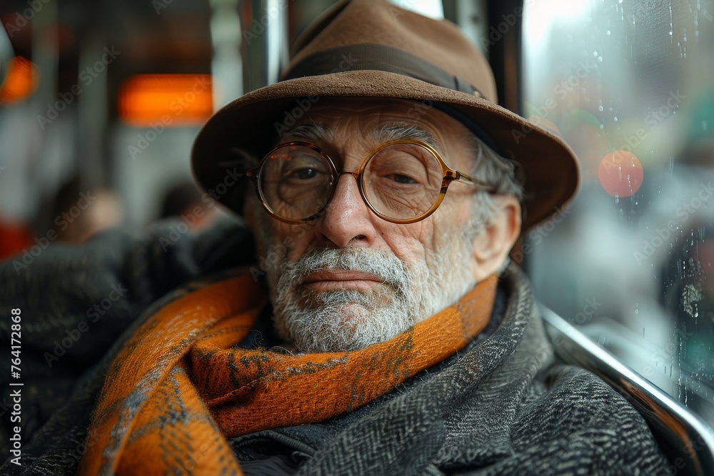 Elderly man with glasses and a hat reflects while seated in a public transport bus