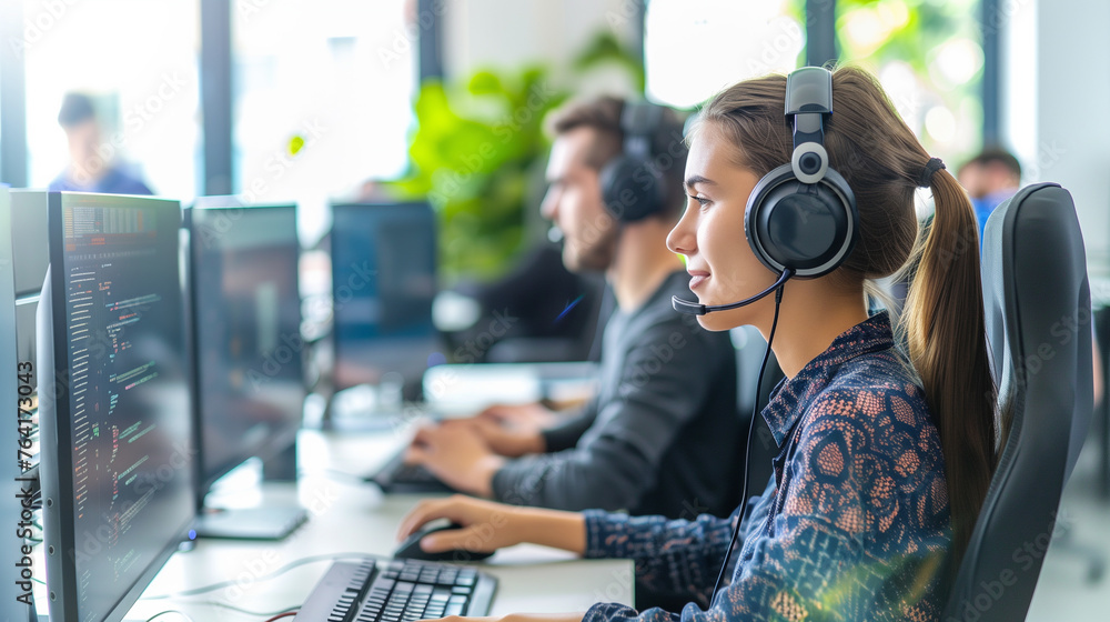 Female tech support agent working at her station. Female tech support agent working at her station.