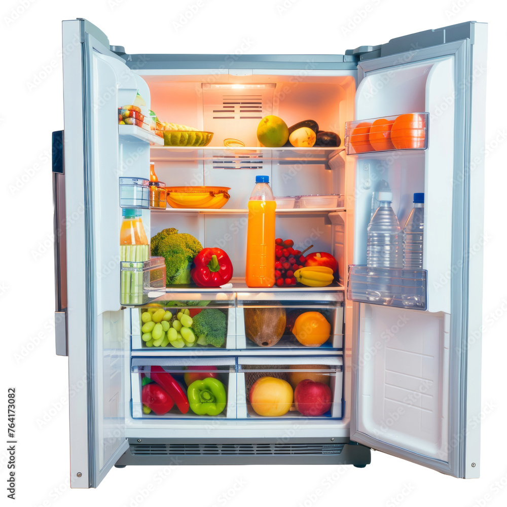 Open refrigerator stocked with food and beverages, cut out transparent Open refrigerator stocked with food and beverages, cut out transparent