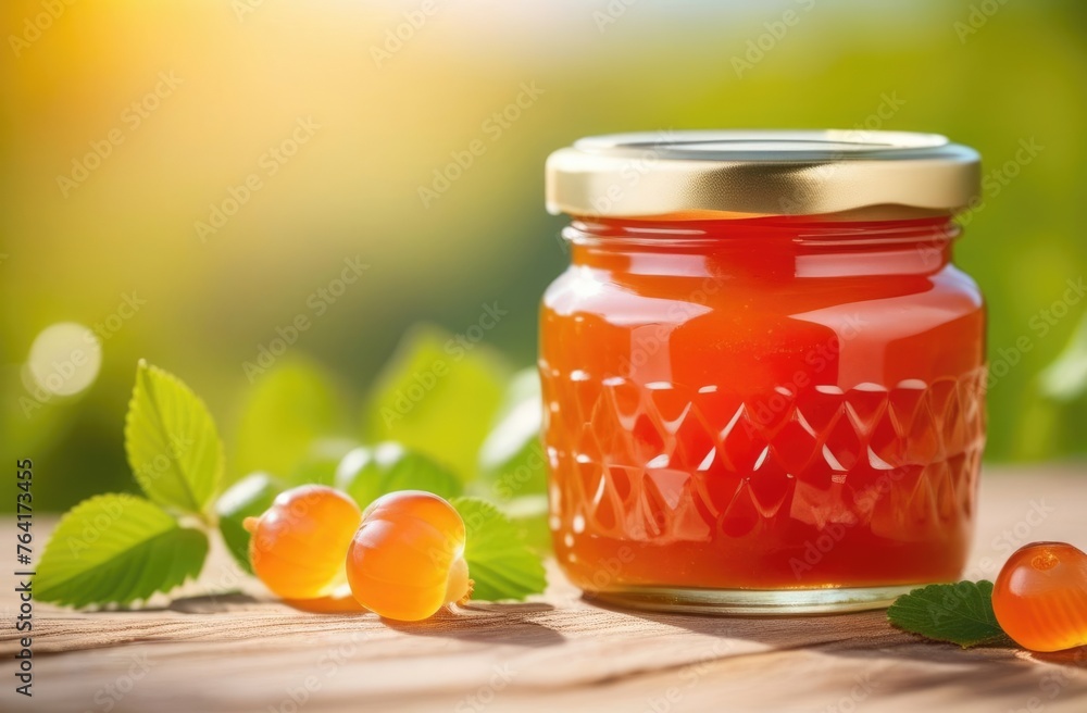 glass jar of cloudberry jam on a wooden table, ripe cloudberries, orchard, green background, sunny day glass jar of cloudberry jam on a wooden table, ripe cloudberries, orchard, green background, sunny day