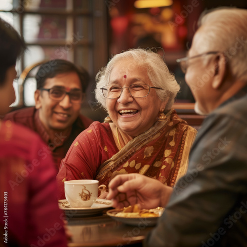 Happy senior woman with male friends at cafe Indian.