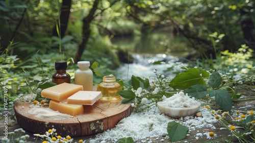 Skincare ingredients include wax, shea butter, cocoa butter, sea buckthorn oil, and fractionated coconut oil. on natural wood surface Surrounded by small wildflowers and green leaves and a stream.