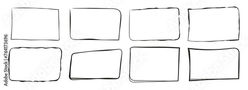 Squares, rectangle, grunge vector set in sketch style. Black frames outline in hand drawn style