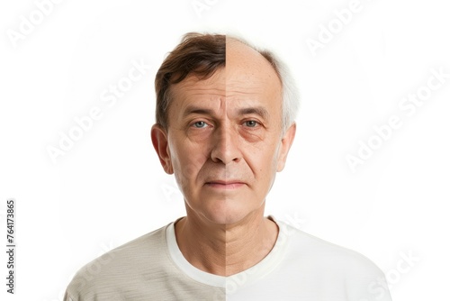 man with young and old half of face Isolated on white background