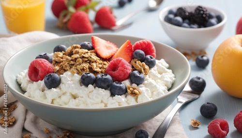 Cottage cheese for breakfast with granola and fruit