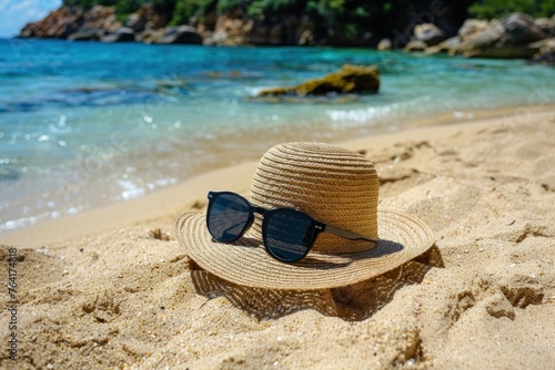 Vibrant beach straw hat and sunglasses on sand on sea shore. Summer vacation concept