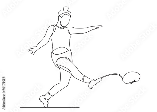 one continuous drawn line of a girl playing rugby drawn from a hand picture silhouette. Line art. team of girls playing rugby ball