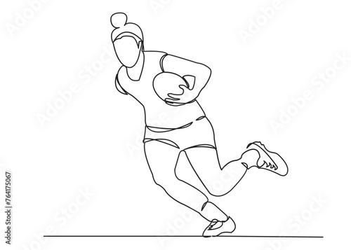 one continuous drawn line of a girl playing rugby drawn from a hand picture silhouette. Line art. team of girls playing rugby ball