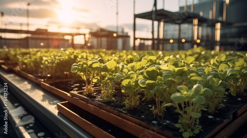 Generative AI A rooftop microgreen garden supplying local markets with fresh and flavorful greens.