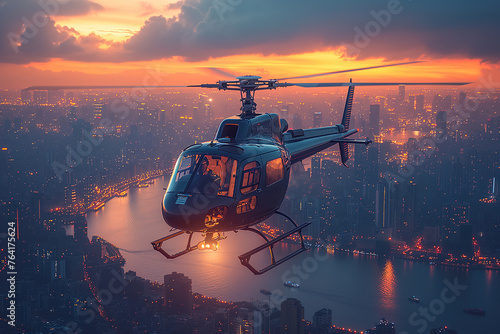 Helicopter Flight Over City at Sunset