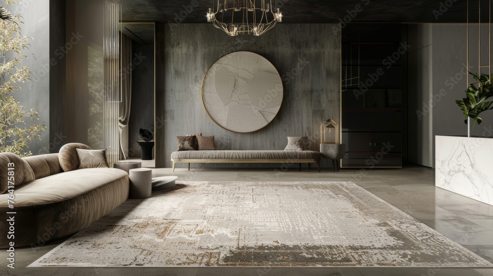 Cozy Minimalist Living Room Interior Featuring Cream Rug and Velvet Sofa, Wide-Angle Shot