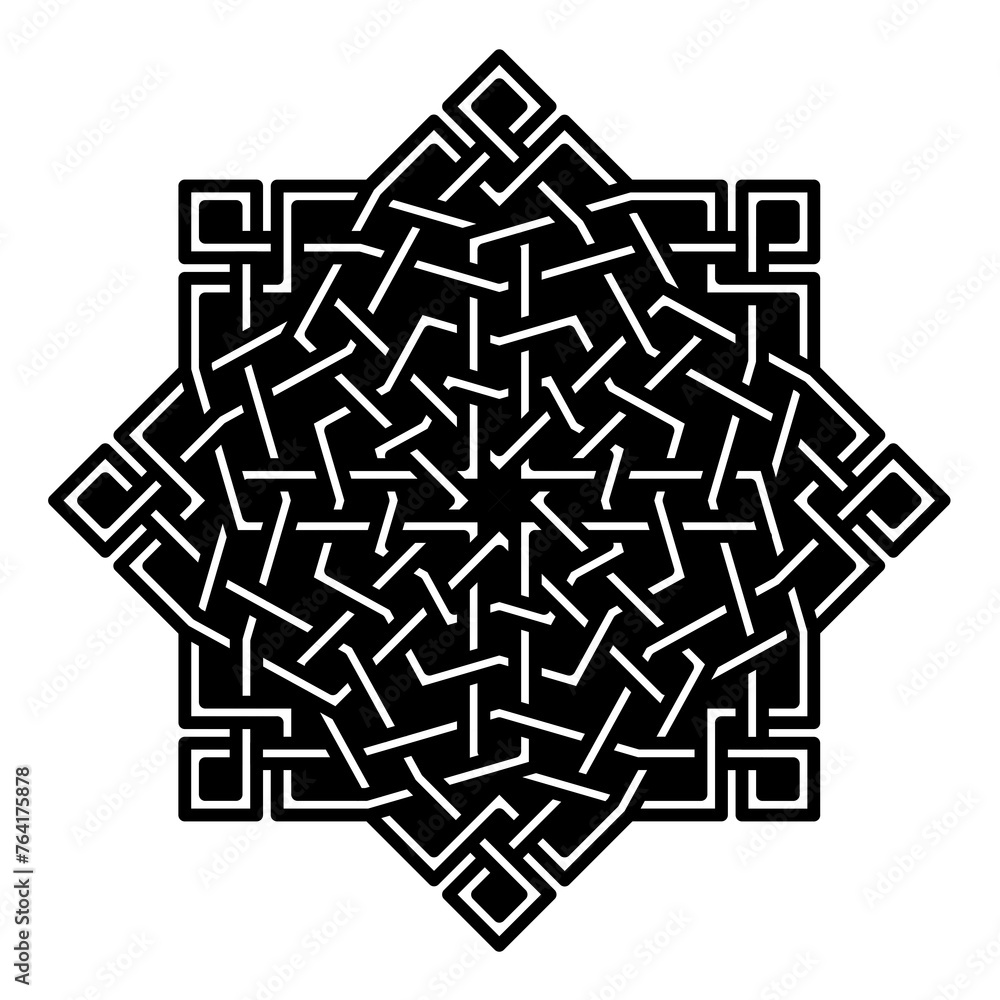 Geometric star with a new and unique Moroccan pattern, Arabic modern shape, lines cross ornament in black and white