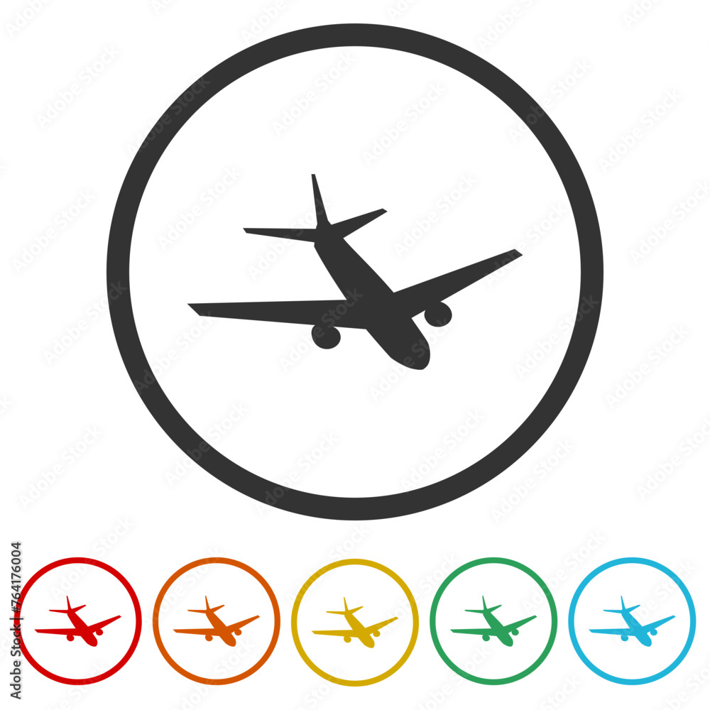 Plane icon illustration. Set icons in color circle buttons