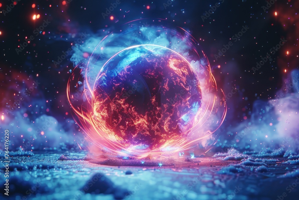 Abstract neon energy sphere of particles and waves of magical glowing on a dark background, circle and loop frames Abstract neon energy sphere of particles and waves of magical glowing on a dark background, circle and loop frames