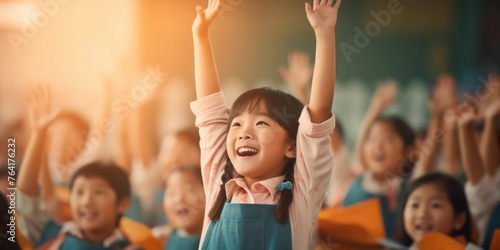 Asian Children Raising Hands in Classroom Generative AI