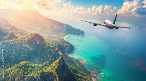 Airplane Flying Over Ocean and Mountains