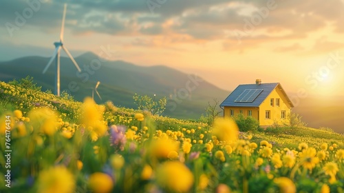 A sustainable home equipped with solar panels sits amidst blooming wildflowers, with wind turbines in the background at sunset.