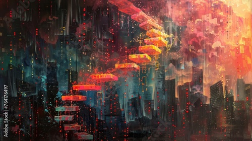 Abstract painting of a cyberpunk cityscape, dripping with neon lights and digital rain in a fusion of technology and art.