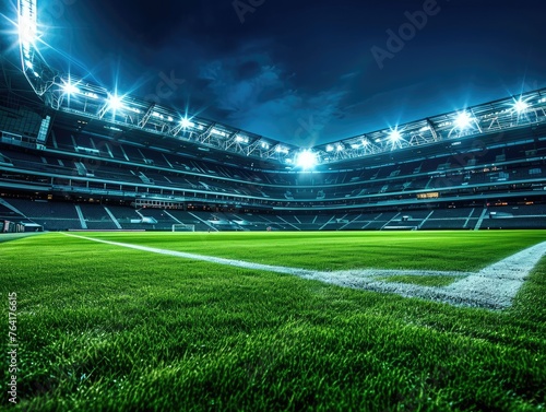 Nighttime view of a soccer stadium aglow with bright lights, creating an energetic and inspiring atmosphere. The illumination highlights the vibrant green pitch, for an exciting match. AI