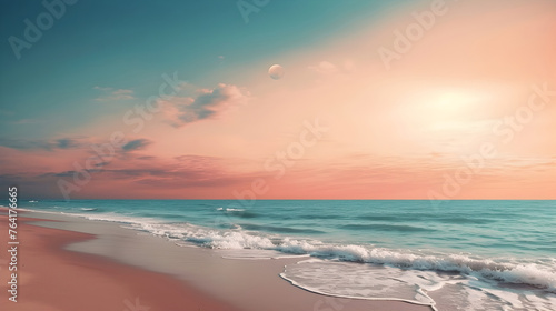 Realistic Beachscape with Blue, Pink, and Yellow Sky. Generative AI