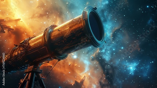 A classic telescope set against a dramatic nebula, capturing the golden hues and cosmic activity of distant celestial bodies.