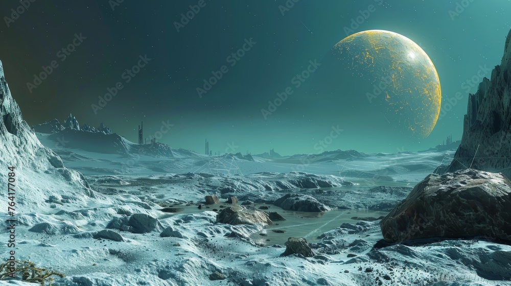 An expansive view of a frigid, alien moon's landscape under the light of a giant planet, highlighting the desolation and beauty of this celestial scene. An expansive view of a frigid, alien moon's landscape under the light of a giant planet, highlighting the desolation and beauty of this celestial scene.