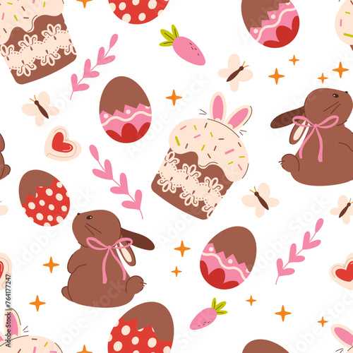Seamless easter pattern with chocolate eggs, Easter cake and bunny. Easter eggs seamless pattern with hearts. Easter symbol, decorative vector elements. Easter colored eggs simple pattern.