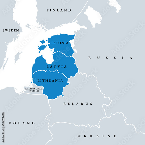 The Baltic States or the Baltic countries, political map. Geopolitical term encompassing Estonia, Latvia, and Lithuania, sometimes simply called the Baltics, all three members of the European Union. photo